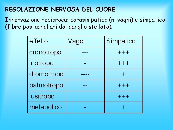 REGOLAZIONE NERVOSA DEL CUORE Innervazione reciproca: parasimpatico (n. vaghi) e simpatico (fibre postgangliari dal