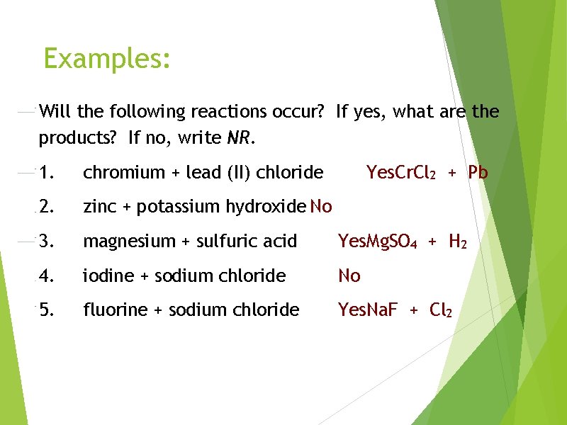 Examples: Will the following reactions occur? If yes, what are the products? If no,