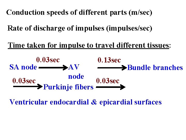 Conduction speeds of different parts (m/sec) Rate of discharge of impulses (impulses/sec) Time taken