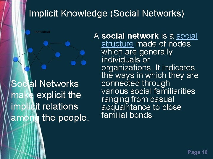 Implicit Knowledge (Social Networks) A social network is a social structure made of nodes