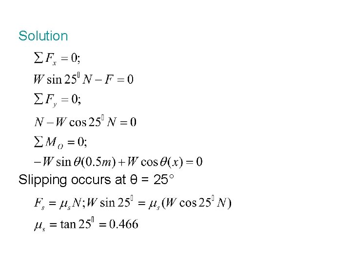 Solution Slipping occurs at θ = 25° Solution Slipping occurs at θ = 25°