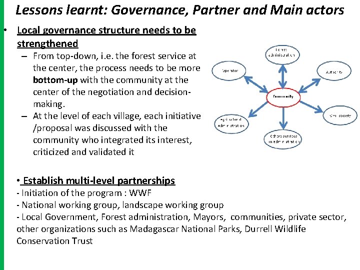 Lessons learnt: Governance, Partner and Main actors • Local governance structure needs to be