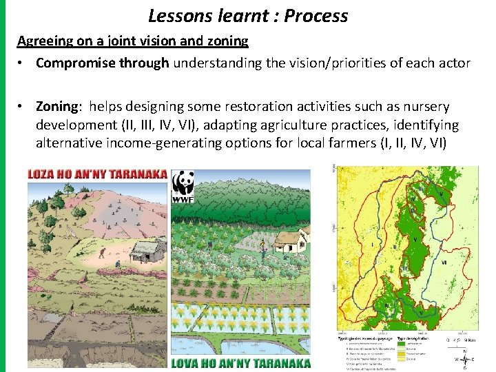 Lessons learnt : Process Agreeing on a joint vision and zoning • Compromise through