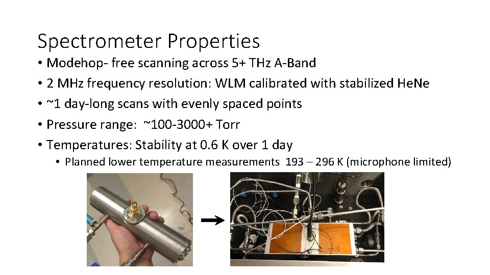 Spectrometer Properties • Modehop‐ free scanning across 5+ THz A‐Band • 2 MHz frequency