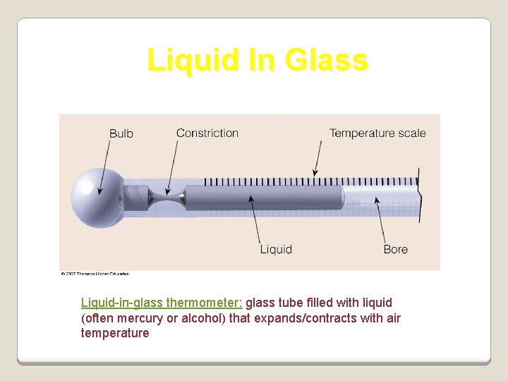 Liquid In Glass Liquid-in-glass thermometer: glass tube filled with liquid (often mercury or alcohol)