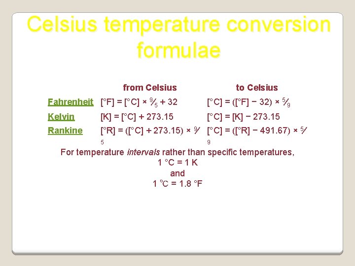 Celsius temperature conversion formulae from Celsius to Celsius Fahrenheit [°F] = [°C] × 9⁄5