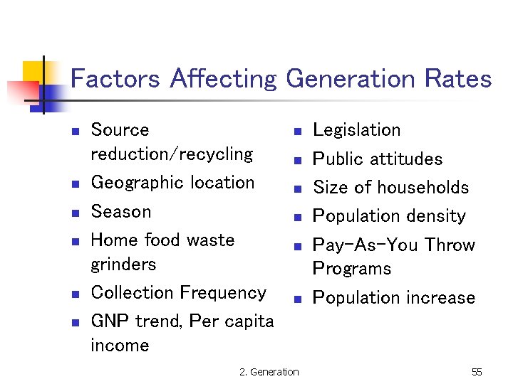 Factors Affecting Generation Rates n n n Source reduction/recycling Geographic location Season Home food