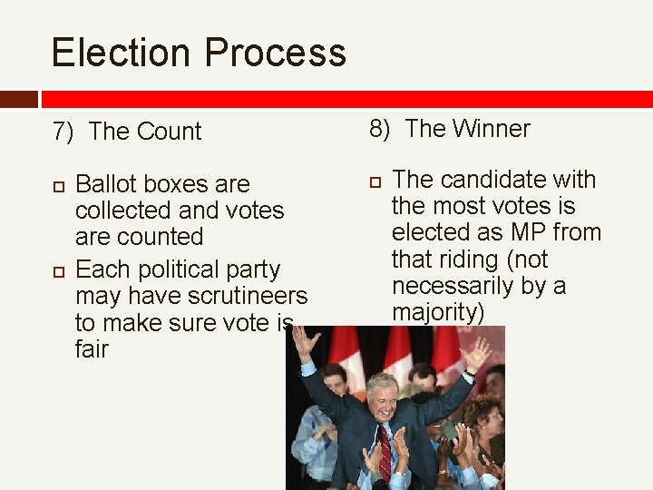 Election Process 7) The Count Ballot boxes are collected and votes are counted Each