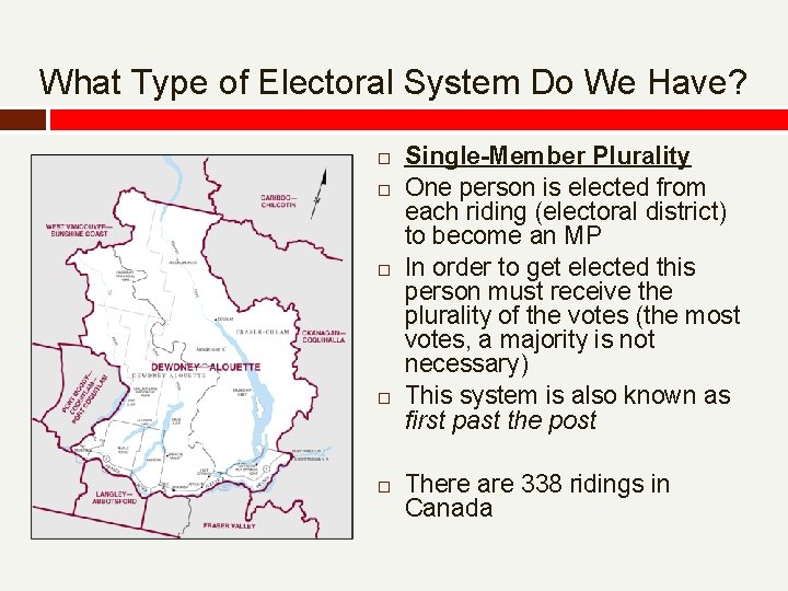 What Type of Electoral System Do We Have? Single-Member Plurality One person is elected