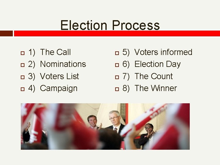Election Process 1) 2) 3) 4) The Call Nominations Voters List Campaign 5) 6)