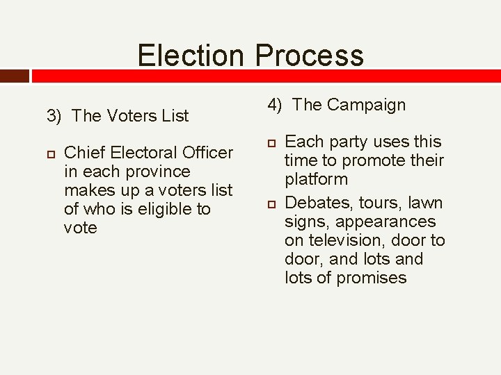 Election Process 3) The Voters List Chief Electoral Officer in each province makes up