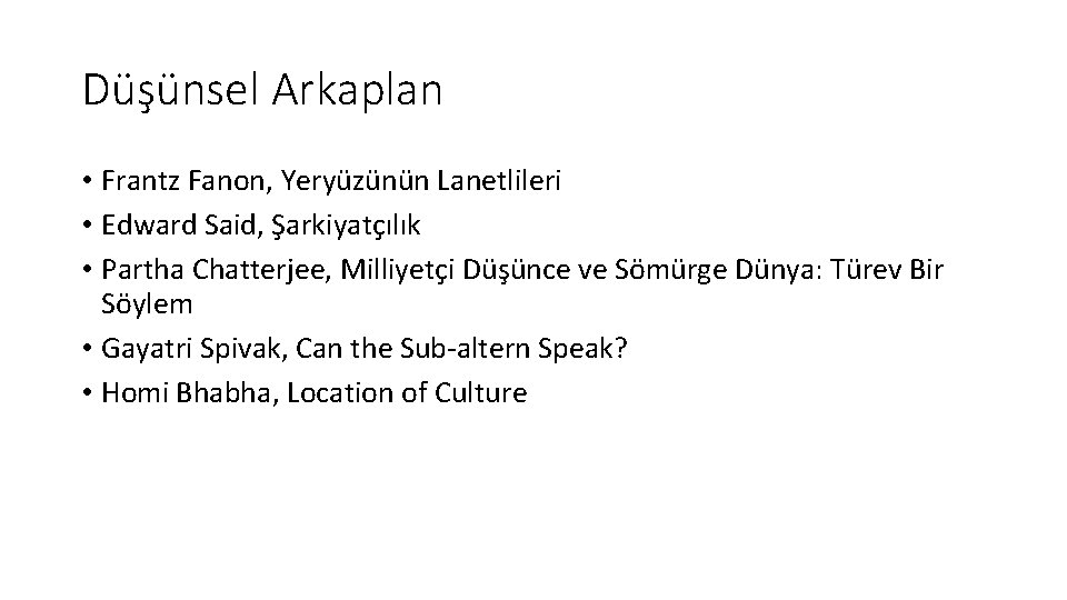 Düşünsel Arkaplan • Frantz Fanon, Yeryüzünün Lanetlileri • Edward Said, Şarkiyatçılık • Partha Chatterjee,