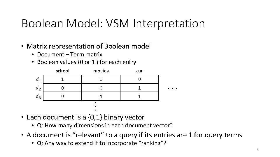 Boolean Model: VSM Interpretation • Matrix representation of Boolean model • Document – Term