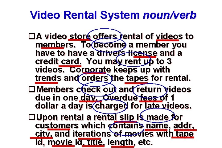 Video Rental System noun/verb A video store offers rental of videos to members. To