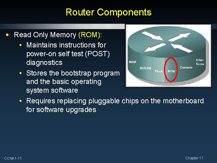 Router Components • Read Only Memory (ROM): • Maintains instructions for power-on self test