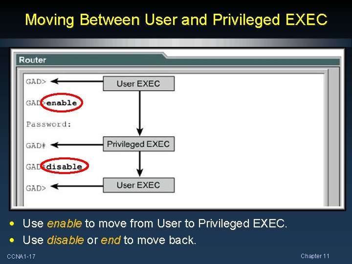 Moving Between User and Privileged EXEC • Use enable to move from User to