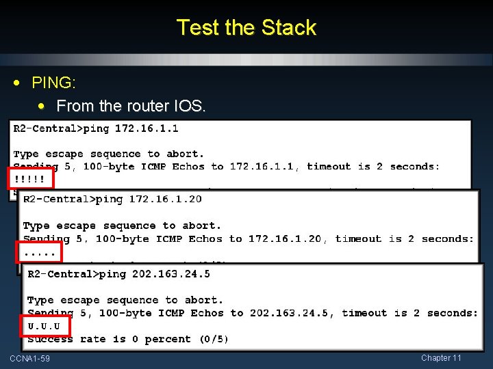 Test the Stack • PING: • From the router IOS. CCNA 1 -59 Chapter