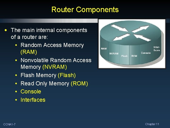 Router Components • The main internal components of a router are: • Random Access