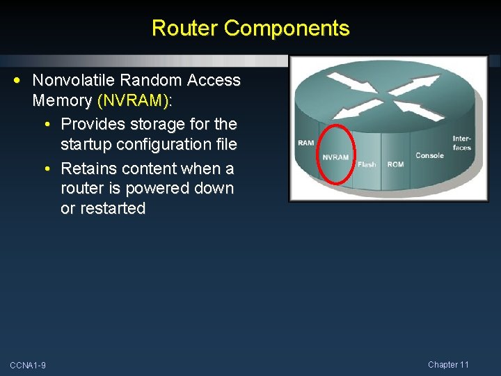 Router Components • Nonvolatile Random Access Memory (NVRAM): • Provides storage for the startup