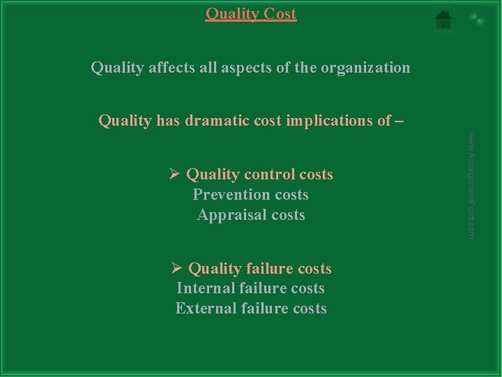 Quality Cost Quality affects all aspects of the organization Quality has dramatic cost implications