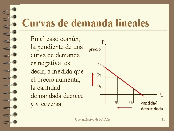 Curvas de demanda lineales En el caso común, la pendiente de una curva de