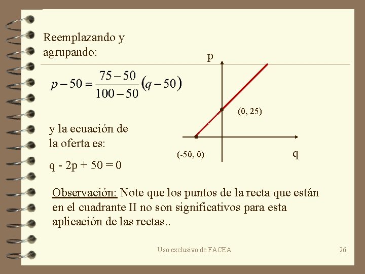 Reemplazando y agrupando: p (0, 25) y la ecuación de la oferta es: q