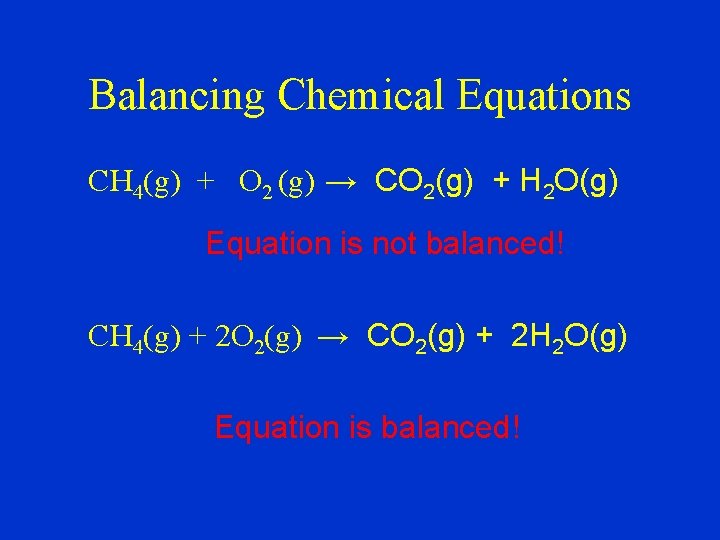Balancing Chemical Equations CH 4(g) + O 2 (g) → CO 2(g) + H