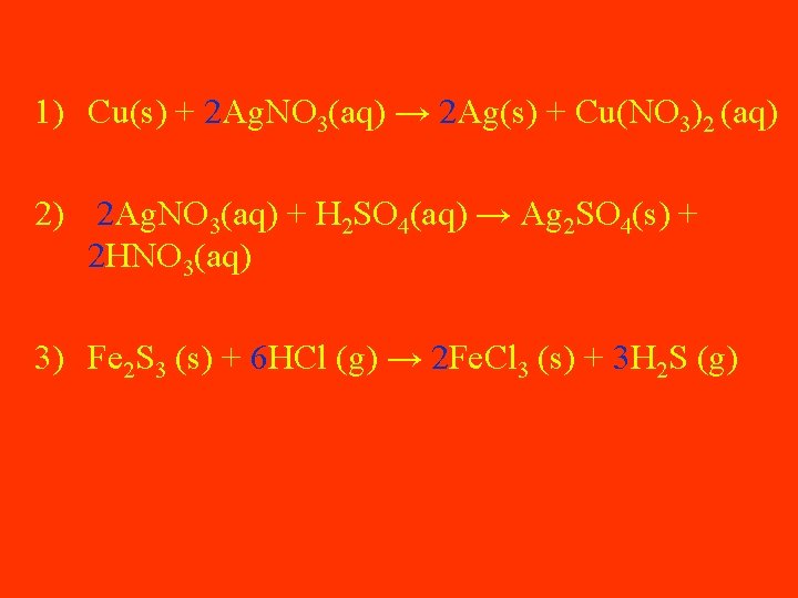 1) Cu(s) + 2 Ag. NO 3(aq) → 2 Ag(s) + Cu(NO 3)2 (aq)