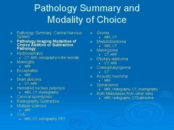 Pathology Summary and Modality of Choice Pathology Summary: Central Nervous System Ø Pathology Imaging