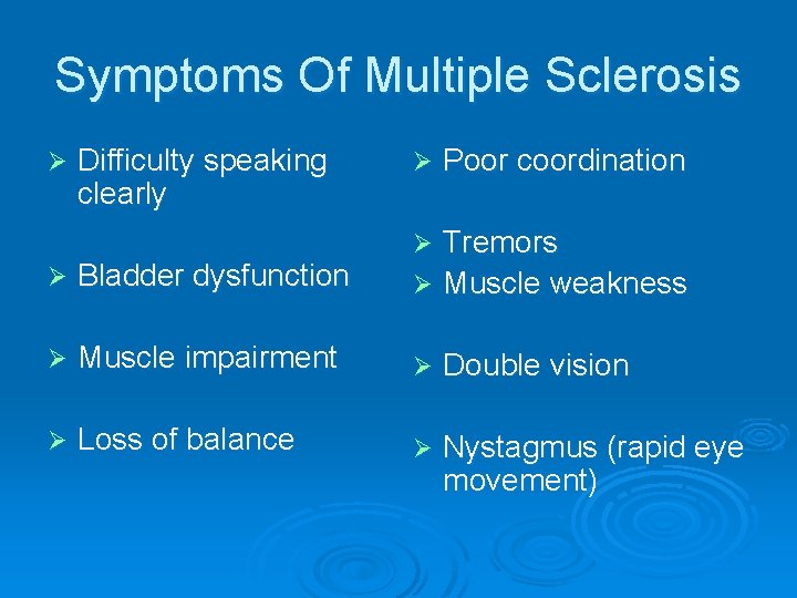 Symptoms Of Multiple Sclerosis Ø Difficulty speaking clearly Ø Poor coordination Tremors Ø Muscle