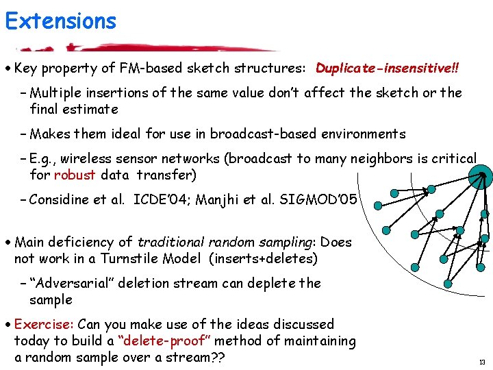 Extensions · Key property of FM-based sketch structures: Duplicate-insensitive!! – Multiple insertions of the