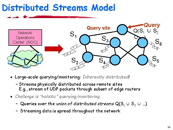 Distributed Streams Model Network Operations Center (NOC) Query site S 1 S 3 1