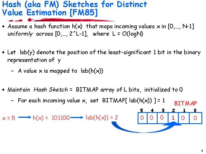 Hash (aka FM) Sketches for Distinct Value Estimation [FM 85] · Assume a hash