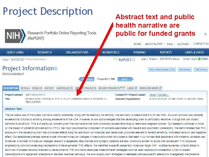 Project Description Abstract text and public health narrative are public for funded grants 