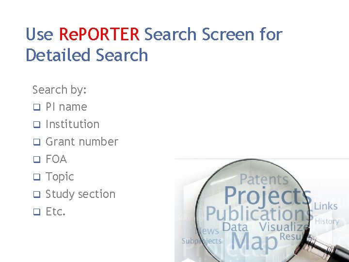 Use Re. PORTER Search Screen for Detailed Search by: q PI name q Institution