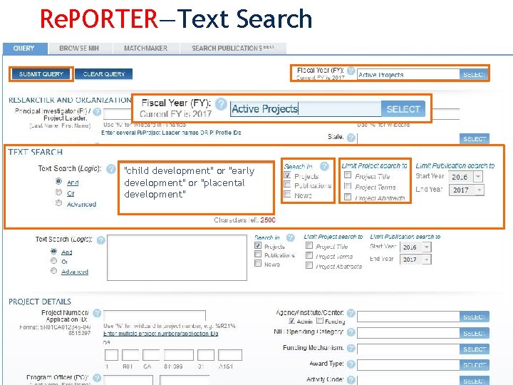 Re. PORTER—Text Search "child development" or "early development" or "placental development" 22 