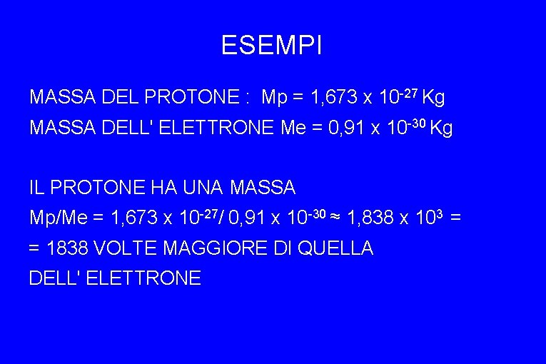 ESEMPI MASSA DEL PROTONE : Mp = 1, 673 x 10 -27 Kg MASSA