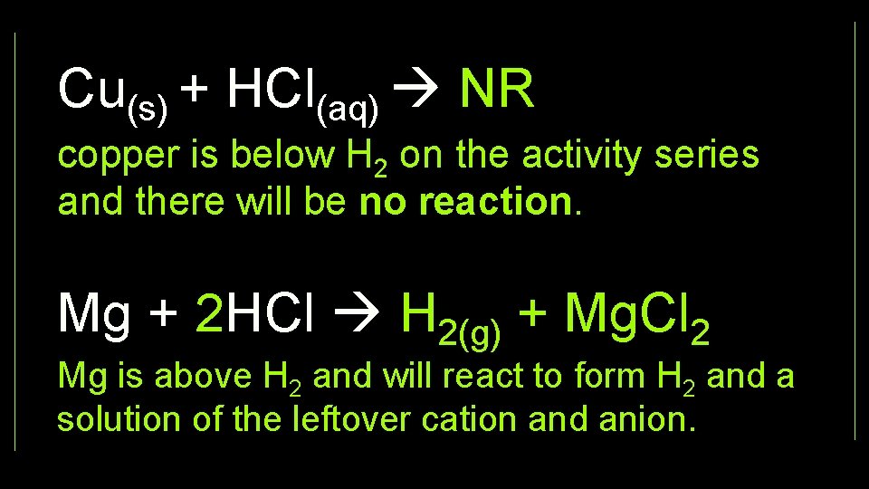 Cu(s) + HCl(aq) NR copper is below H 2 on the activity series and