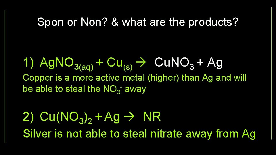 Spon or Non? & what are the products? 1) Ag. NO 3(aq) + Cu(s)