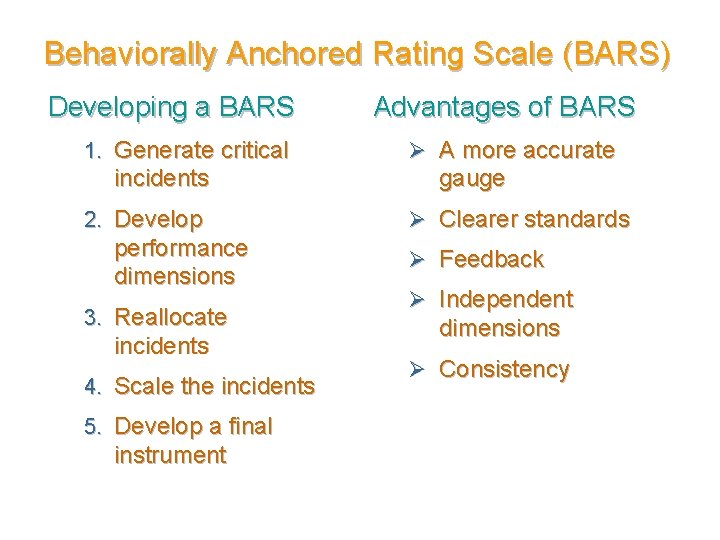 Behaviorally Anchored Rating Scale (BARS) Developing a BARS 1. Generate critical incidents 2. Develop