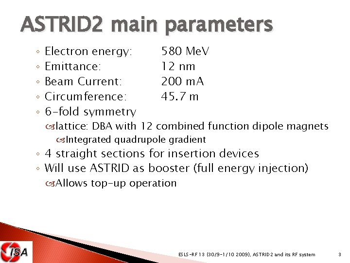 ASTRID 2 main parameters ◦ ◦ ◦ Electron energy: Emittance: Beam Current: Circumference: 6