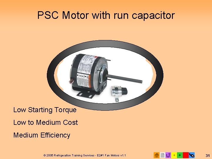 PSC Motor with run capacitor Low Starting Torque Low to Medium Cost Medium Efficiency