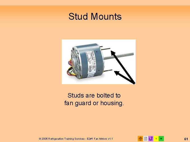 Stud Mounts Studs are bolted to fan guard or housing. © 2005 Refrigeration Training