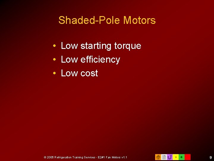 Shaded-Pole Motors • Low starting torque • Low efficiency • Low cost © 2005