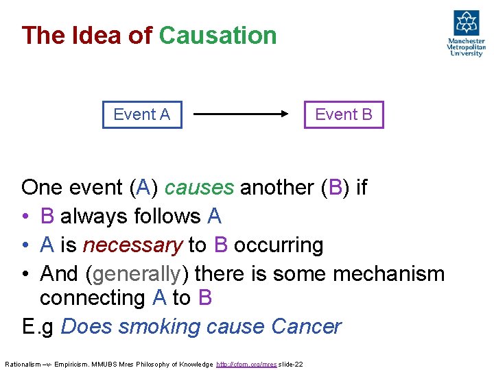 The Idea of Causation Event A Event B One event (A) causes another (B) The Idea of Causation Event A Event B One event (A) causes another (B)
