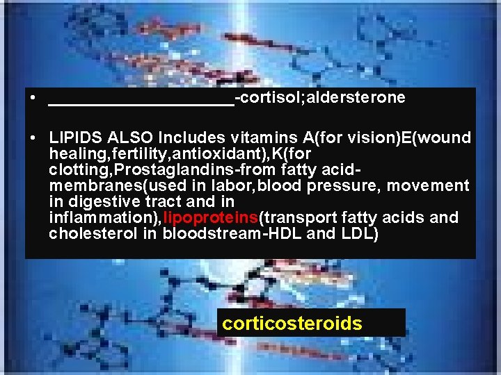  • __________-cortisol; aldersterone • LIPIDS ALSO Includes vitamins A(for vision)E(wound healing, fertility, antioxidant),