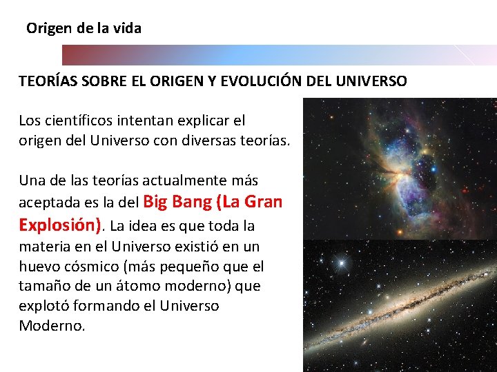 Origen de la vida TEORÍAS SOBRE EL ORIGEN Y EVOLUCIÓN DEL UNIVERSO Los científicos