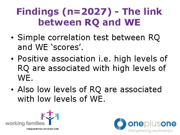 Findings (n=2027) - The link between RQ and WE • Simple correlation test between