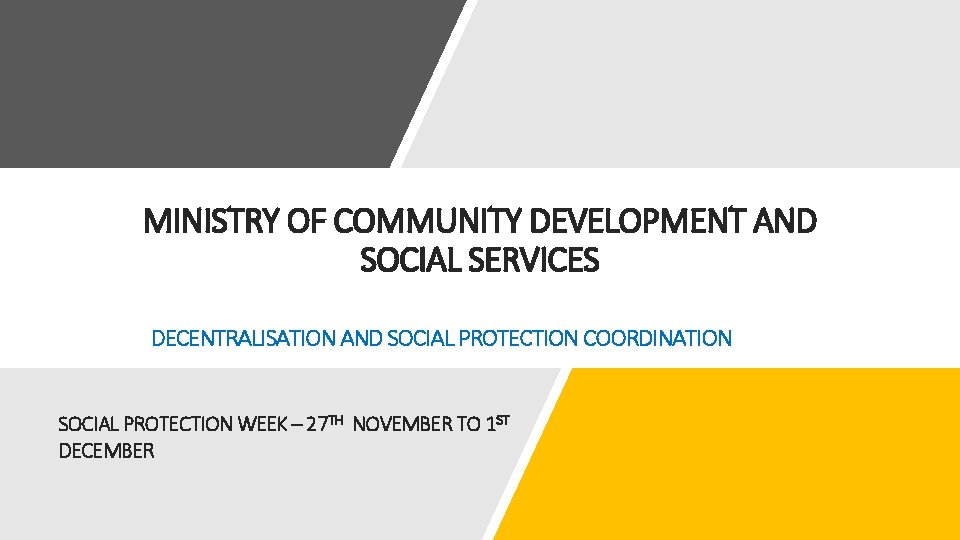 MINISTRY OF COMMUNITY DEVELOPMENT AND SOCIAL SERVICES DECENTRALISATION AND SOCIAL PROTECTION COORDINATION SOCIAL PROTECTION