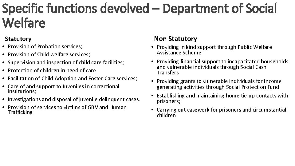 Specific functions devolved – Department of Social Welfare Statutory Provision of Probation services; Provision